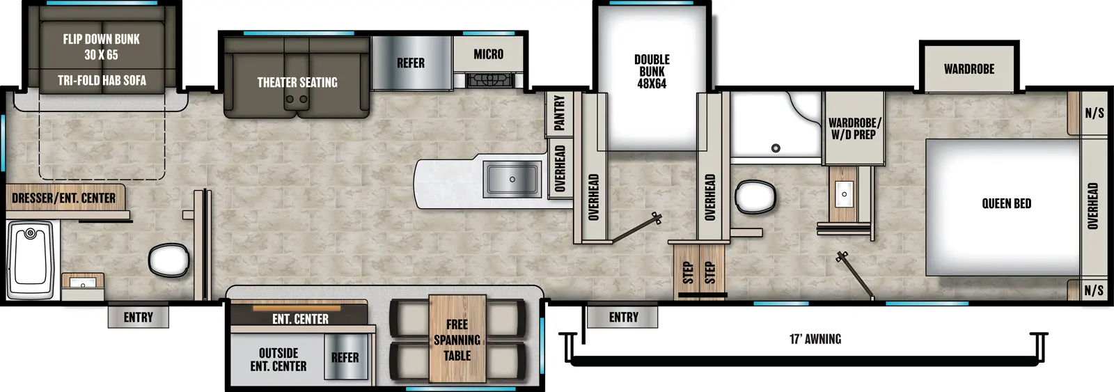 The Phoenix 373MBRB floorplan has two entries and five slide outs. Exterior features include: fiberglass exterior, 17' awning,  outside entertainment and outside kitchen. Interiors features include: bunk beds, free-standing dinette option, front bedroom and two full bathrooms.
